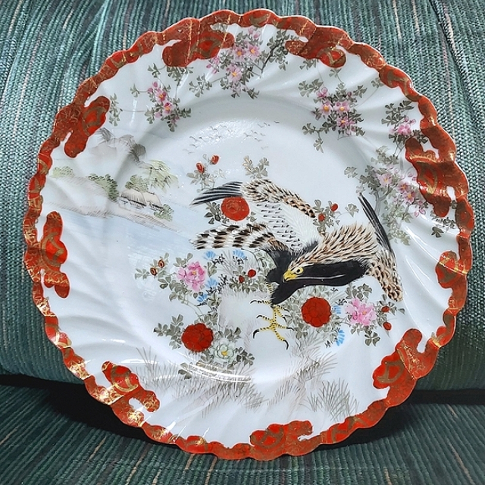 Antique Meiji Kutani/Seto enamel Porcelain plate Hawk 7" Japan